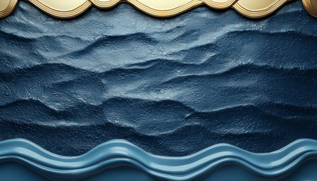 An abstract image featuring a textured blue background with gold and blue wave accents at the top and bottom.の素材