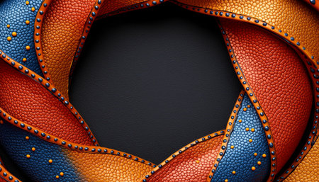 A digitally created abstract image features swirling orange and blue textured patterns forming a frame around a dark background.の素材