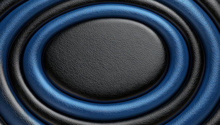A close-up image showcases an abstract design featuring concentric circles in shades of blue and black with a textured leather-like finish.の素材