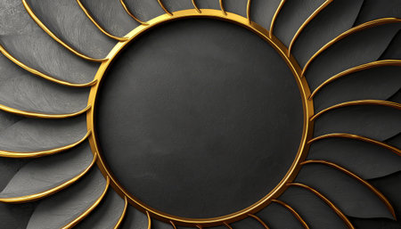 A circular frame with a dark gray textured background is accented with gold curved elements resembling petals.の素材