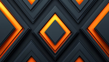 A digitally rendered image showcasing an abstract pattern of intersecting black and orange geometric shapes creating a three dimensional effect.の素材