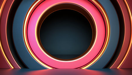 The image shows a series of concentric circles in shades of red, pink, blue, and gold creating an abstract and visually striking design.の素材