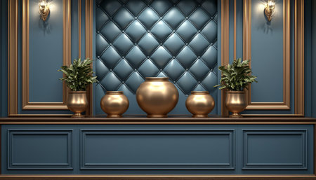 A stylish interior design featuring gold vases with plants displayed on a dark blue wall with ornate gold framing and tufted detailing.の素材