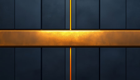 The image shows an abstract design featuring a horizontal gold band centered between dark blue panels with illuminated vertical lines.の素材