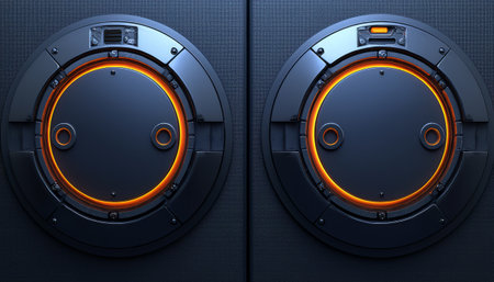 Two dark metallic circular panels with orange glowing rings are set against a textured dark background.の素材