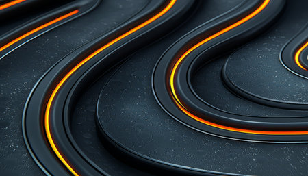 A digitally rendered abstract image featuring dark grey curved metallic surfaces with orange illuminated lines and water droplets.の素材