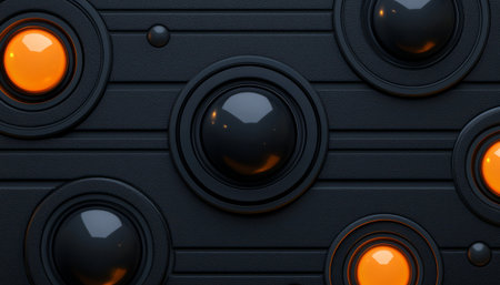 The image depicts a dark textured surface with multiple circular black and orange glowing elements arranged in a repeating pattern.の素材