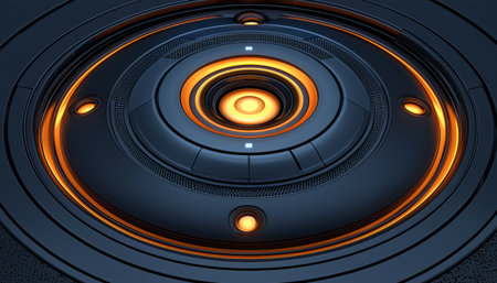 A close-up view of a futuristic technological device featuring concentric circles and glowing orange accents.の素材