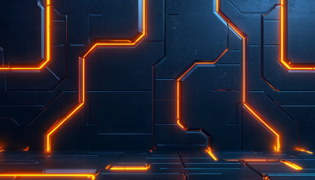 A digitally rendered image depicting a futuristic metallic wall with glowing neon orange lines creating a technological and abstract background.の素材