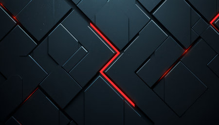 A dark abstract image featuring a geometric pattern of dark gray squares intersected by bright red lines creating a futuristic and technological aesthetic.の素材