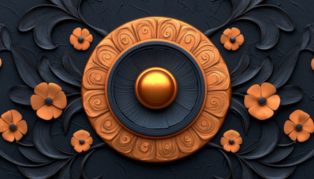 A 3D rendered image showcases an ornate circular mandala design featuring black and gold floral motifs on a dark background.の素材