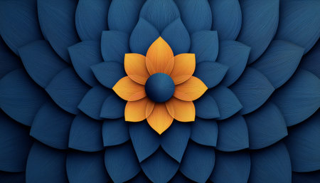 A stylized image shows a central orange flower nestled within concentric layers of dark blue petals creating a visually striking contrast.の素材