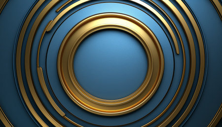 A digitally created image features concentric gold circles on a textured blue background creating an abstract design.の素材