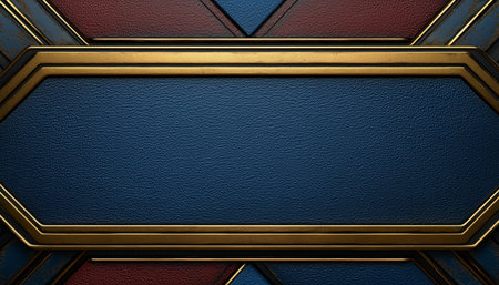The image showcases a geometric abstract design featuring blue and red textured leather panels framed by gold accents.の素材