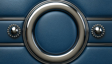 A close up of a textured blue leather panel featuring a large chrome oval frame with decorative silver buttons.の素材