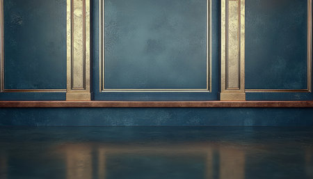 The image shows a teal wall with gold and wooden accents, featuring a textured surface and a polished floor reflecting light.の素材
