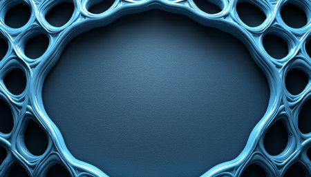 A digital rendering depicts an abstract blue organic frame surrounding a textured blue background.の素材