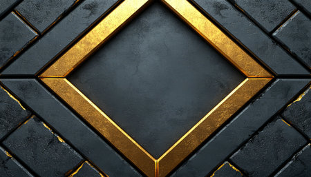 A dark gray stone wall with a gold diamond shaped frame providing a luxurious and modern aesthetic.の素材