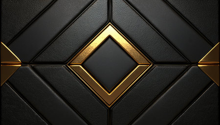 A striking abstract image showcasing a geometric pattern of black textured panels accented with gold metallic elements forming a central diamond shape.の素材