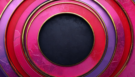 The image showcases a stylized design featuring concentric circles in shades of pink, purple and gold accents creating a visually appealing and modern abstract composition.の素材