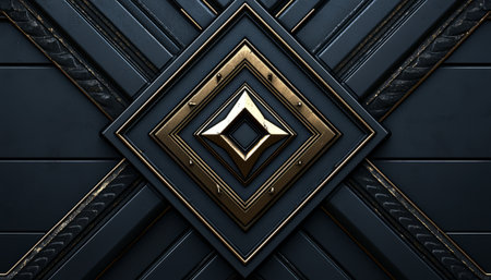 A close-up view of an abstract geometric design featuring dark panels with gold accents and intricate detailing.の素材