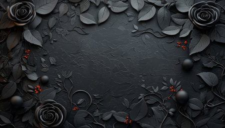 A dark background framed by black roses, leaves, and small orange accents.  The image evokes a gothic or dramatic aesthetic.の素材