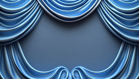 A digitally rendered image showcasing luxurious blue silk curtains draped against a textured background, creating an elegant and formal setting.の素材