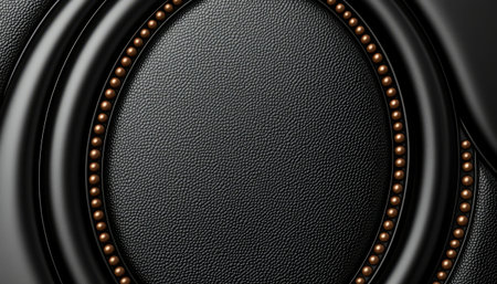 A close-up view of a luxurious black leather surface adorned with a circular pattern of gold beads.の素材