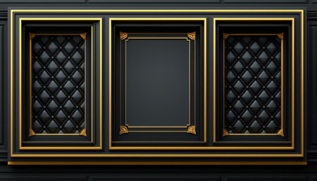 A luxurious wall panel featuring black leather upholstery with gold detailing and a central empty frame.の素材