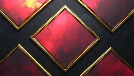 The image showcases a striking abstract composition featuring a repeating pattern of red diamond shapes framed in gold against a textured black backdrop.の素材