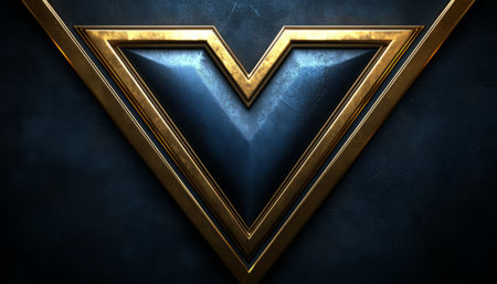 A dark blue V-shaped gemstone is set within a golden double triangle frame against a textured dark background.の素材