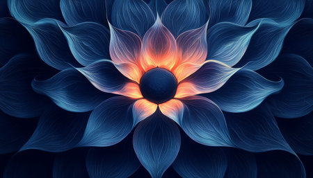 A digitally created abstract image of a flower with deep blue petals and a radiant orange center, showcasing intricate lines and curves.の素材