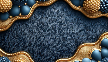 A digitally created image showing an abstract design featuring a dark blue leather texture framed by gold textured elements and spheres.の素材