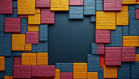 A digital illustration of a colorful mosaic made of brick-textured blocks creating a frame around a dark center.の素材