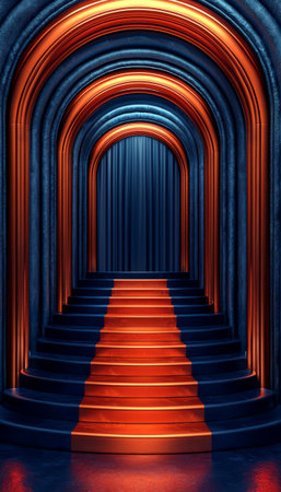 A visually striking image showcasing a staircase with alternating red and blue steps leading to a dark blue curtain within a series of arched doorways.の素材