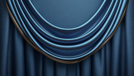 A close-up image showcases elegantly draped blue curtains with gold accents creating a luxurious and dramatic effect.の素材