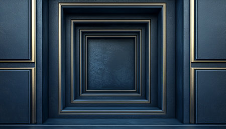 A digitally rendered image showcasing a dark blue wall with nested frames and gold accents creating an elegant and luxurious display.の素材