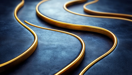 The image shows an abstract design featuring wavy dark blue forms with gold accents creating a luxurious and modern aesthetic.の素材