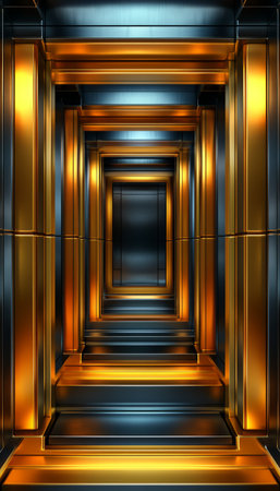 A digitally rendered image showcasing an abstract corridor with a sleek gold and black metallic design.の素材