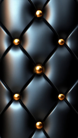 A close-up image showcases a luxurious black leather texture with golden buttons arranged in a diamond pattern.の素材