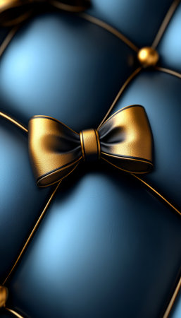 A close-up of an elegant gold and black bow resting on a deep blue textured surface.の素材