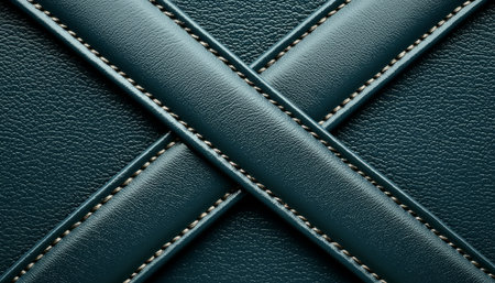 A close-up image showcasing the detailed texture and cross-stitched pattern of teal leather.の素材