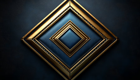 A close-up view of a diamond-shaped design featuring blue leather and a gold frame with detailed stitching.の素材