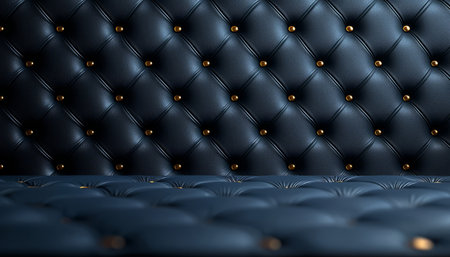A close up image showing the texture of deep blue leather upholstery with gold button detailing.の素材