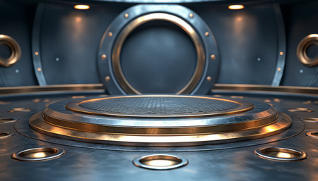 A digitally rendered image showcasing a futuristic circular platform with metallic textures and gold accents, set within a modern architectural space.の素材