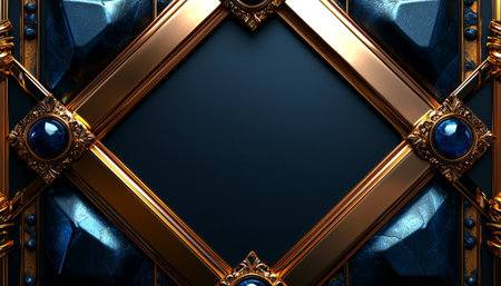 A digitally rendered image showcasing an elegant gold frame adorned with dark blue gemstones against a dark background.の素材