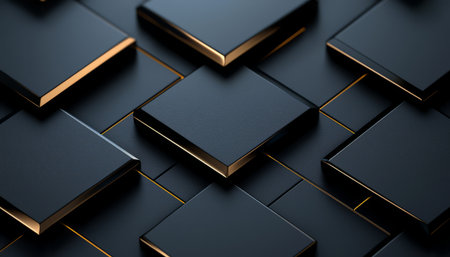 The image shows an abstract composition of overlapping dark gray squares with gold edges creating a complex geometric pattern.の素材