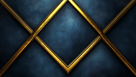 A dark blue textured background features a gold geometric frame design creating an elegant and modern aesthetic.の素材