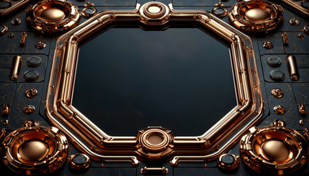 A close-up of an abstract design featuring a rose gold octagonal frame on a dark metallic background with intricate details.の素材