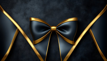A sophisticated image featuring a dark blue bow with golden trim on a textured dark background and gold ribbons.の素材